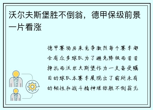 沃尔夫斯堡胜不倒翁，德甲保级前景一片看涨