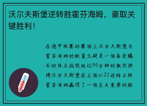沃尔夫斯堡逆转胜霍芬海姆，豪取关键胜利！